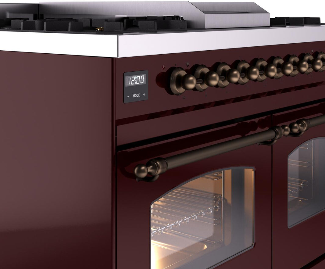 ILVE Nostalgie II 40-Inch Dual Fuel Freestanding Range in Burgundy with Bronze Trim (UPD40FNMPBUB)