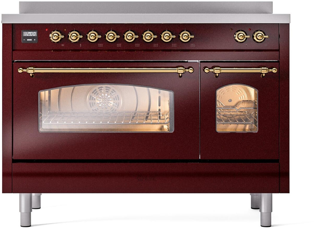 ILVE Nostalgie II 48-Inch Freestanding Electric Induction Range in Burgundy with Brass Trim (UPI486NMPBUG)