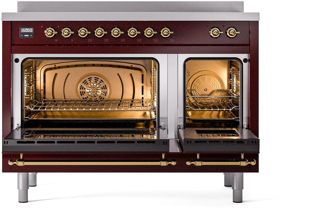 ILVE Nostalgie II 48-Inch Freestanding Electric Induction Range in Burgundy with Brass Trim (UPI486NMPBUG)