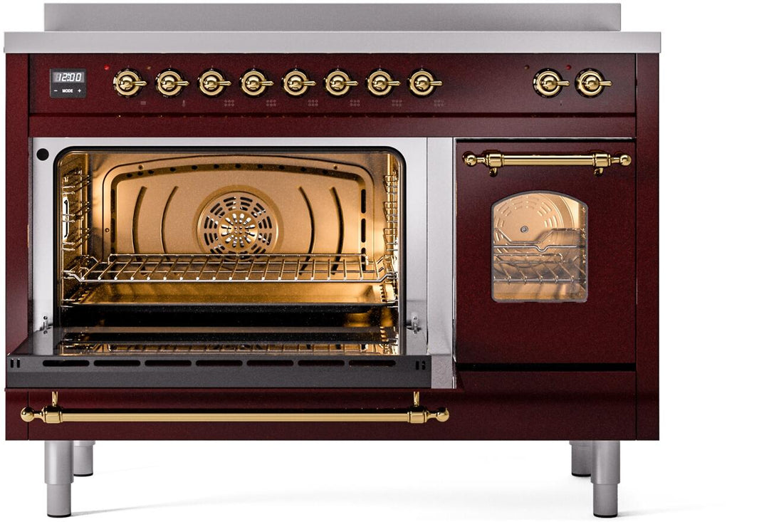 ILVE Nostalgie II 48-Inch Freestanding Electric Induction Range in Burgundy with Brass Trim (UPI486NMPBUG)