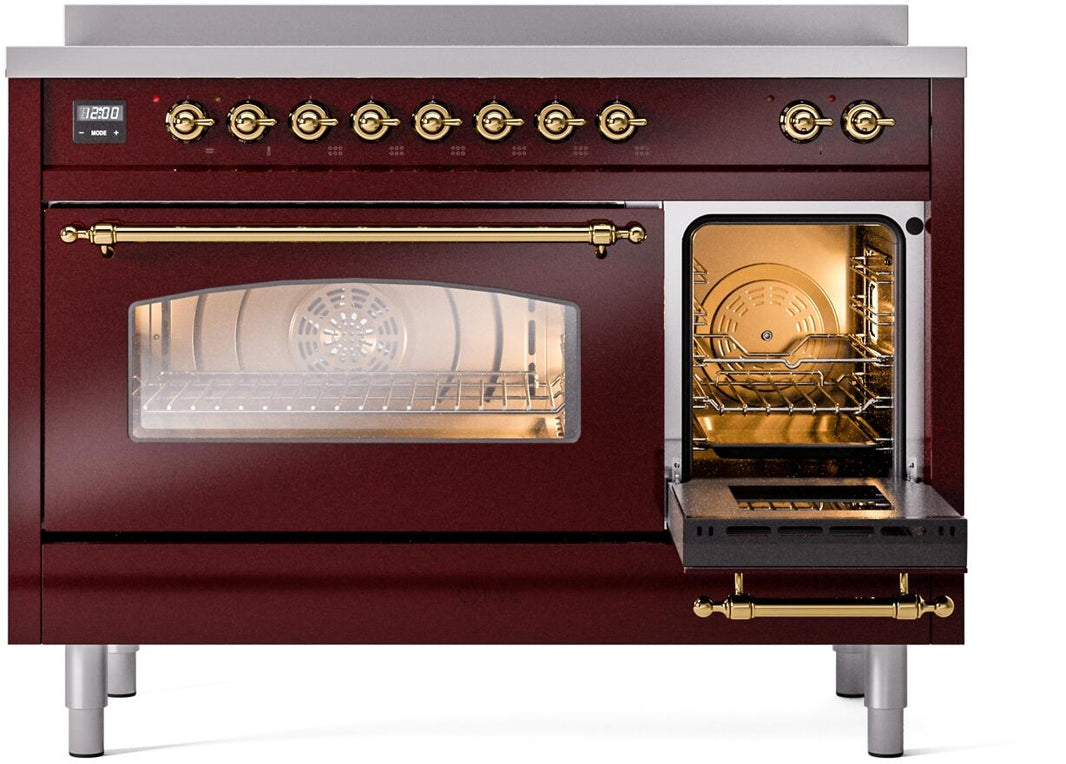 ILVE Nostalgie II 48-Inch Freestanding Electric Induction Range in Burgundy with Brass Trim (UPI486NMPBUG)