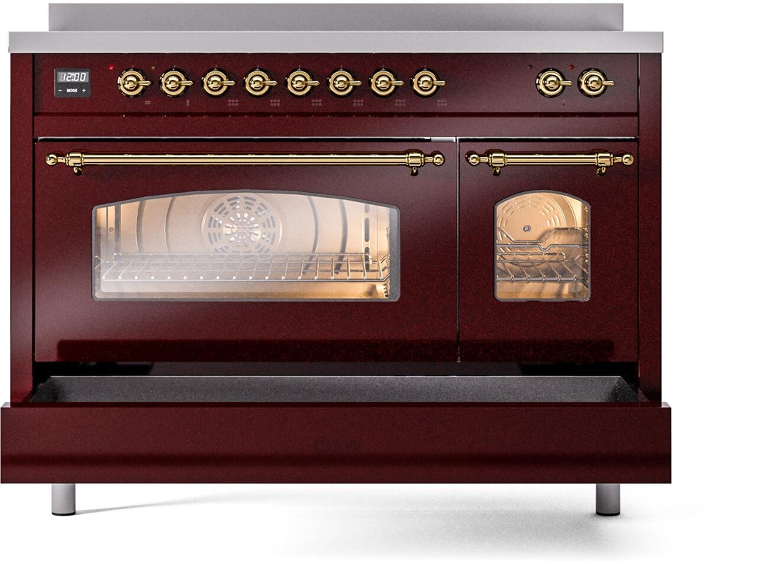 ILVE Nostalgie II 48-Inch Freestanding Electric Induction Range in Burgundy with Brass Trim (UPI486NMPBUG)