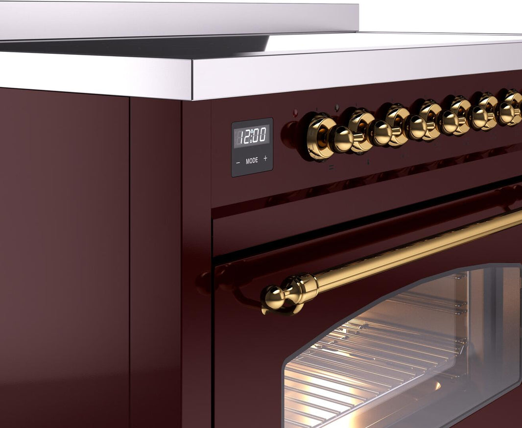 ILVE Nostalgie II 48-Inch Freestanding Electric Induction Range in Burgundy with Brass Trim (UPI486NMPBUG)