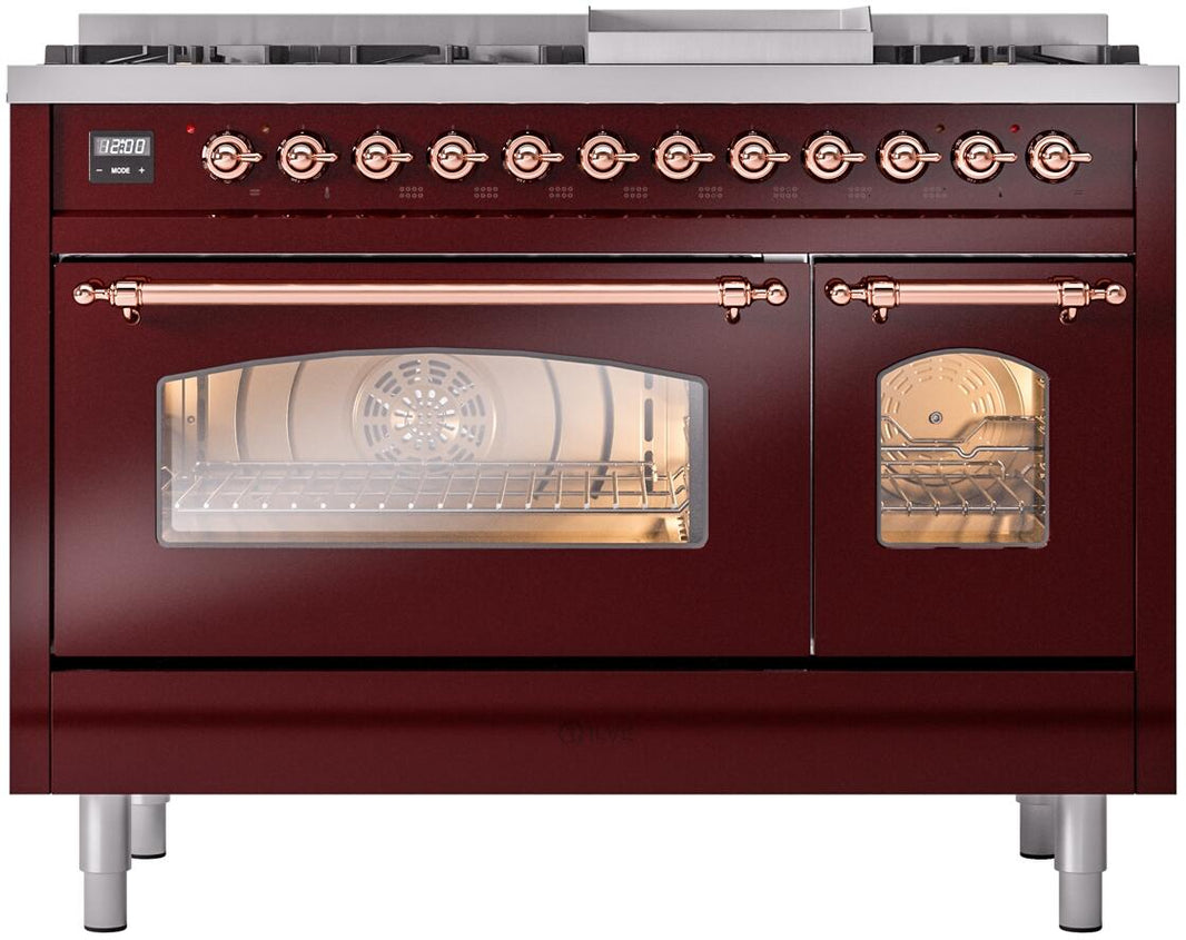 ILVE Nostalgie II 48-Inch Dual Fuel Freestanding Range in Burgundy with Copper Trim (UP48FNMPBUP)