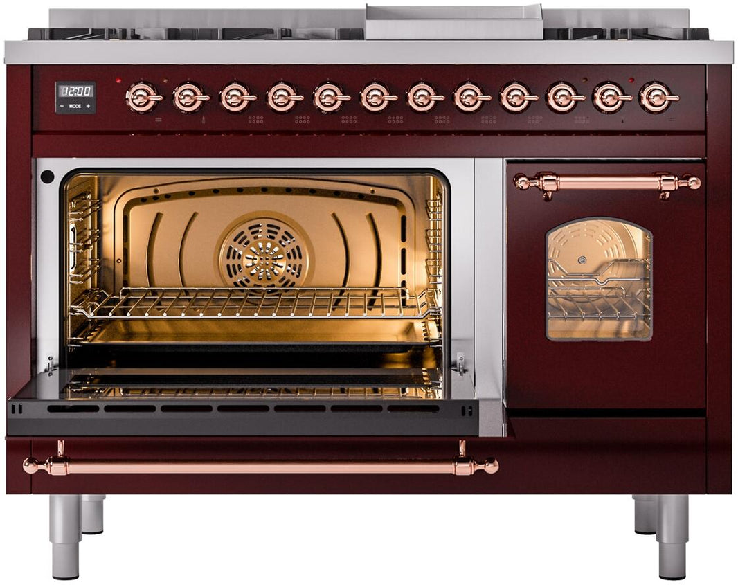 ILVE Nostalgie II 48-Inch Dual Fuel Freestanding Range in Burgundy with Copper Trim (UP48FNMPBUP)