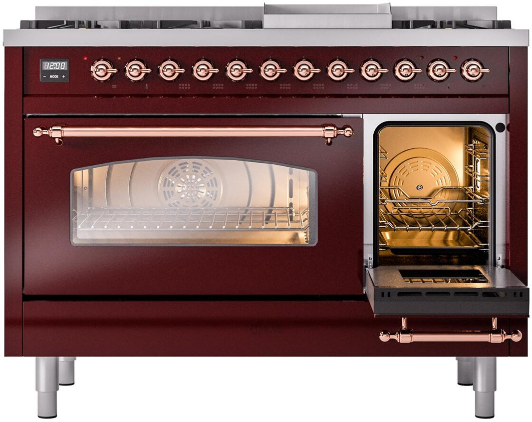 ILVE Nostalgie II 48-Inch Dual Fuel Freestanding Range in Burgundy with Copper Trim (UP48FNMPBUP)