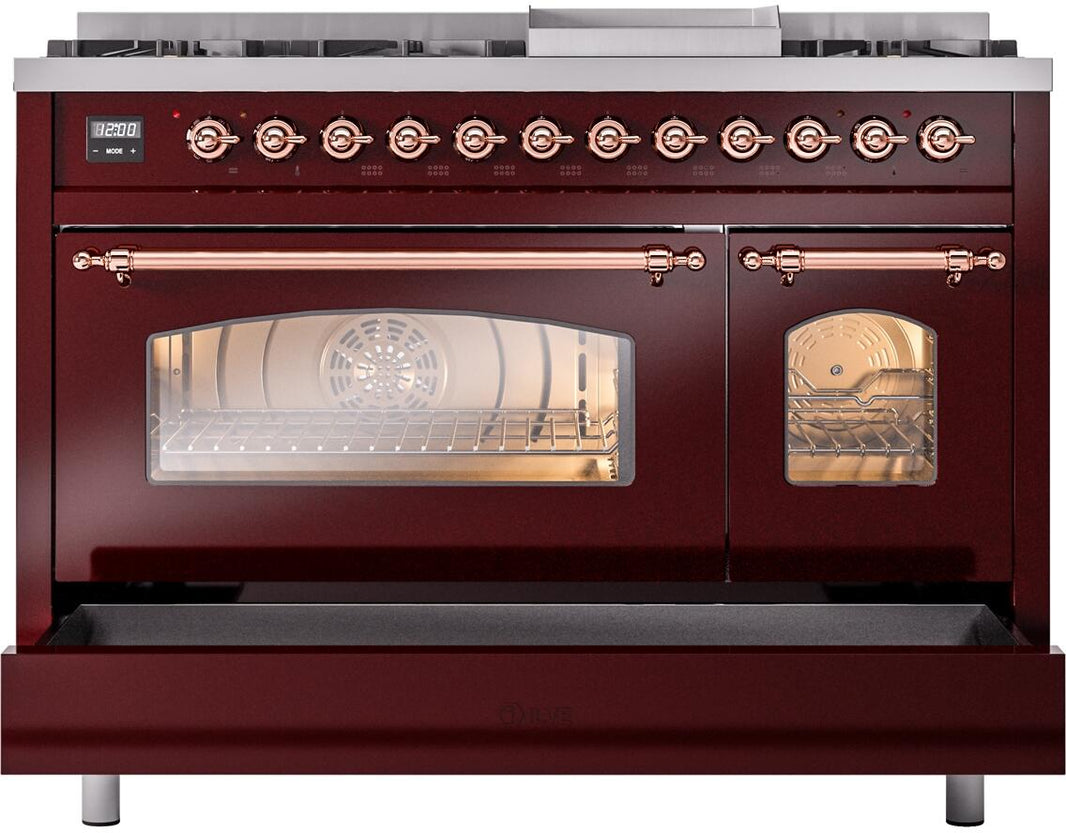 ILVE Nostalgie II 48-Inch Dual Fuel Freestanding Range in Burgundy with Copper Trim (UP48FNMPBUP)