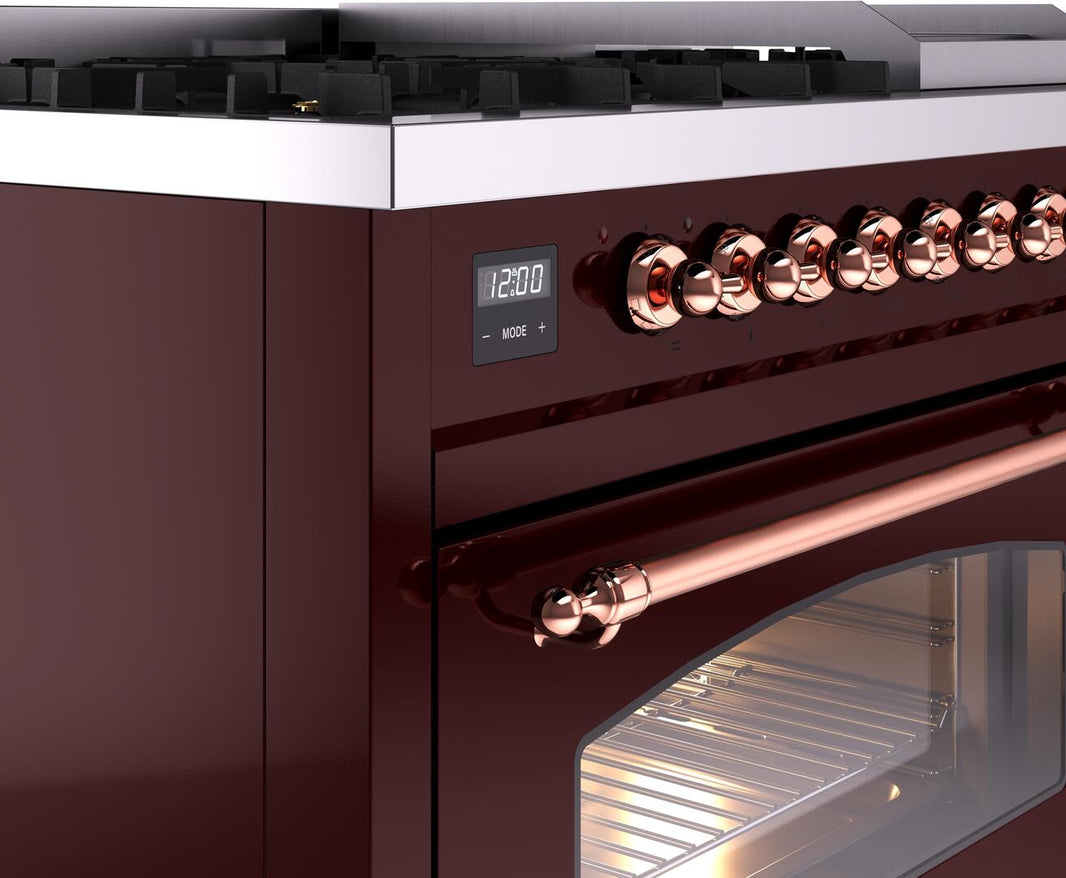 ILVE Nostalgie II 48-Inch Dual Fuel Freestanding Range in Burgundy with Copper Trim (UP48FNMPBUP)