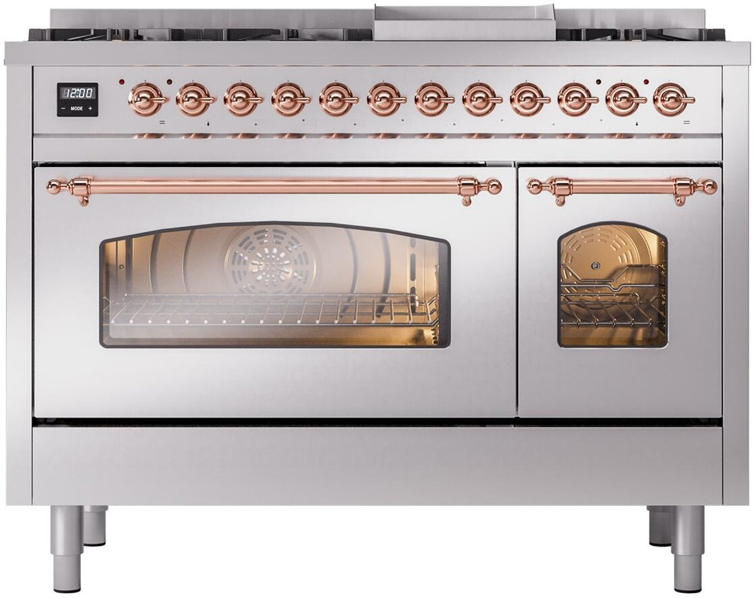 ILVE Nostalgie II 48-Inch Dual Fuel Freestanding Range in Stainless Steel with Copper Trim (UP48FNMPSSP)