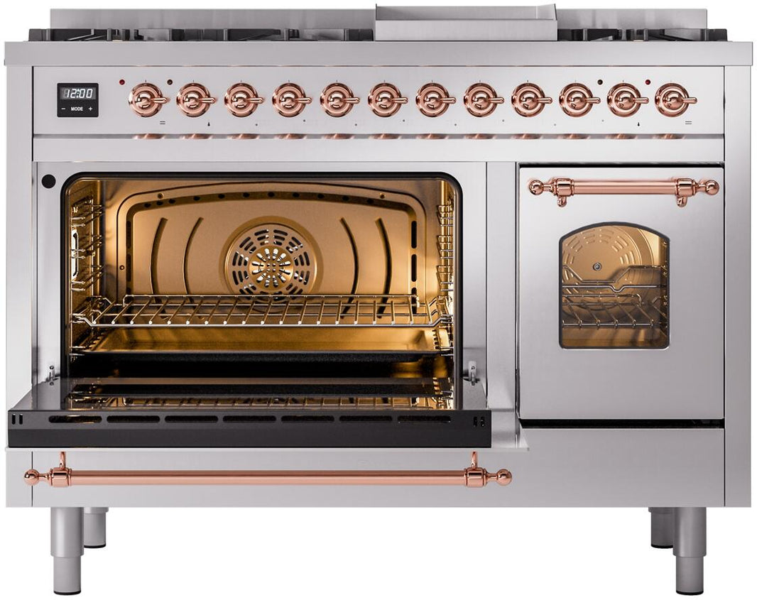 ILVE Nostalgie II 48-Inch Dual Fuel Freestanding Range in Stainless Steel with Copper Trim (UP48FNMPSSP)