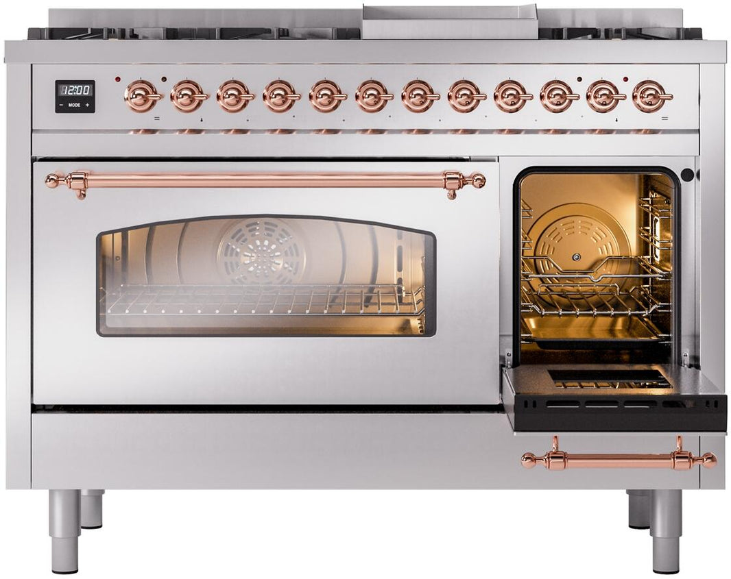 ILVE Nostalgie II 48-Inch Dual Fuel Freestanding Range in Stainless Steel with Copper Trim (UP48FNMPSSP)