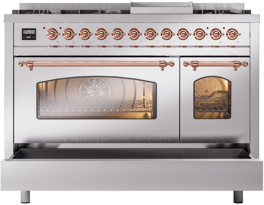 ILVE Nostalgie II 48-Inch Dual Fuel Freestanding Range in Stainless Steel with Copper Trim (UP48FNMPSSP)