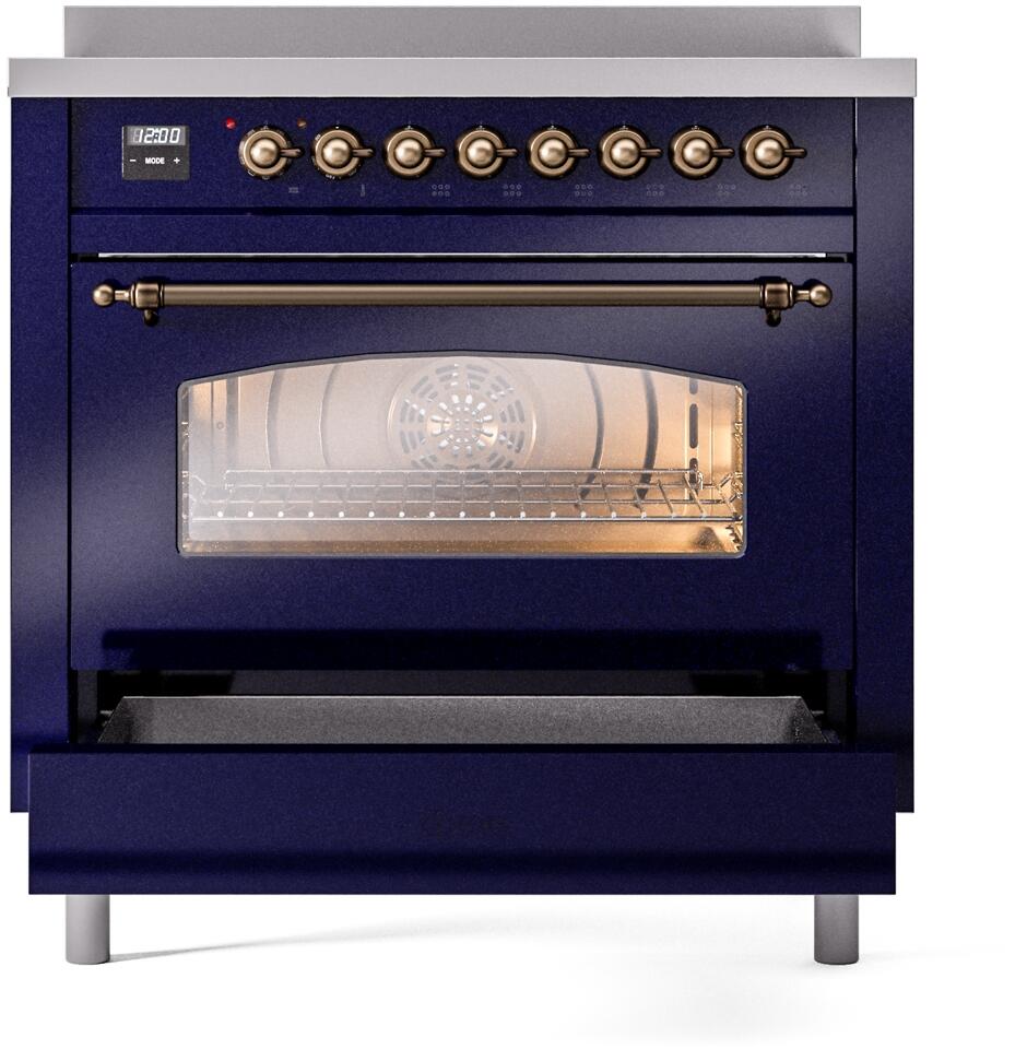 ILVE Nostalgie II 36-Inch Freestanding Electric Induction Range in Midnight Blue with Bronze Trim (UPI366NMPMBB)