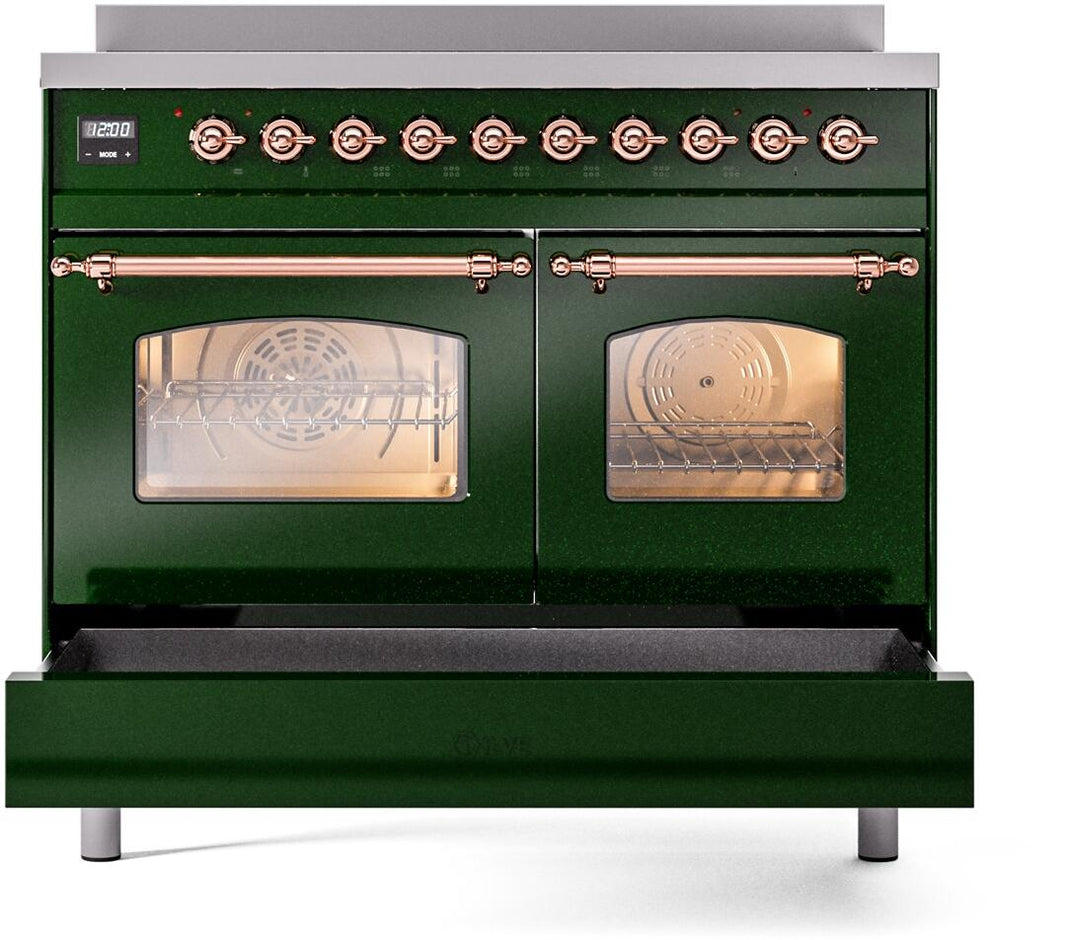 ILVE Nostalgie II 40-Inch Freestanding Electric Induction Range in Emerald Green with Copper Trim (UPDI406NMPEGP)