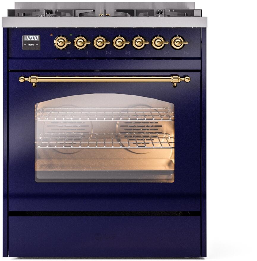 ILVE Nostalgie II 30-Inch Dual Fuel Freestanding Range in Midnight Blue with Brass Trim (UP30NMPMBG)