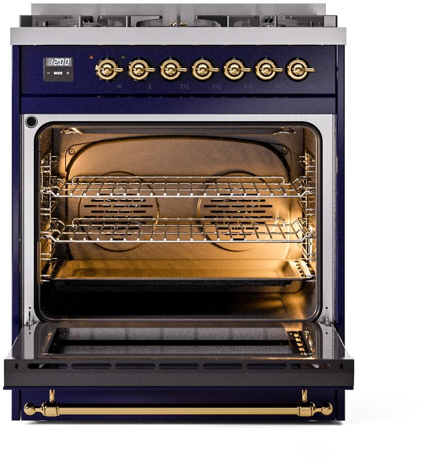 ILVE Nostalgie II 30-Inch Dual Fuel Freestanding Range in Midnight Blue with Brass Trim (UP30NMPMBG)