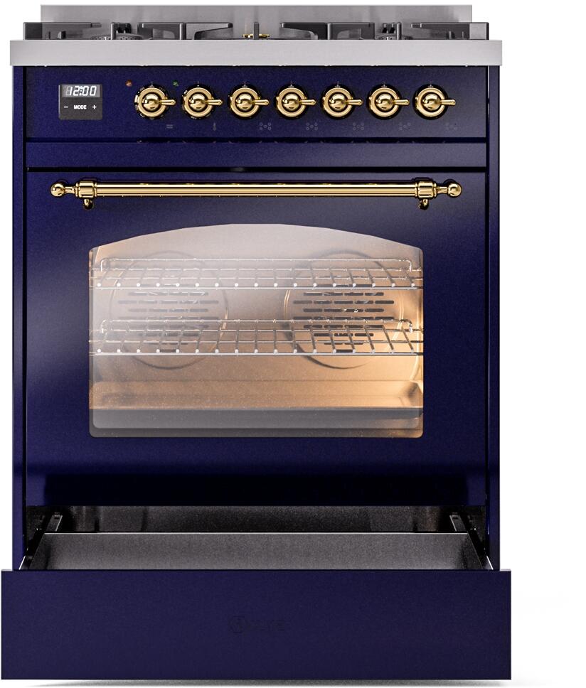 ILVE Nostalgie II 30-Inch Dual Fuel Freestanding Range in Midnight Blue with Brass Trim (UP30NMPMBG)