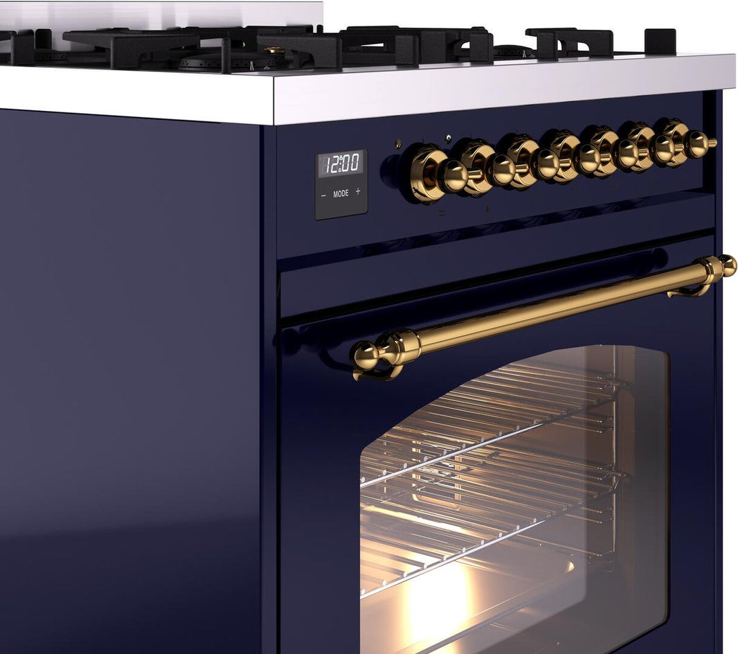 ILVE Nostalgie II 30-Inch Dual Fuel Freestanding Range in Midnight Blue with Brass Trim (UP30NMPMBG)