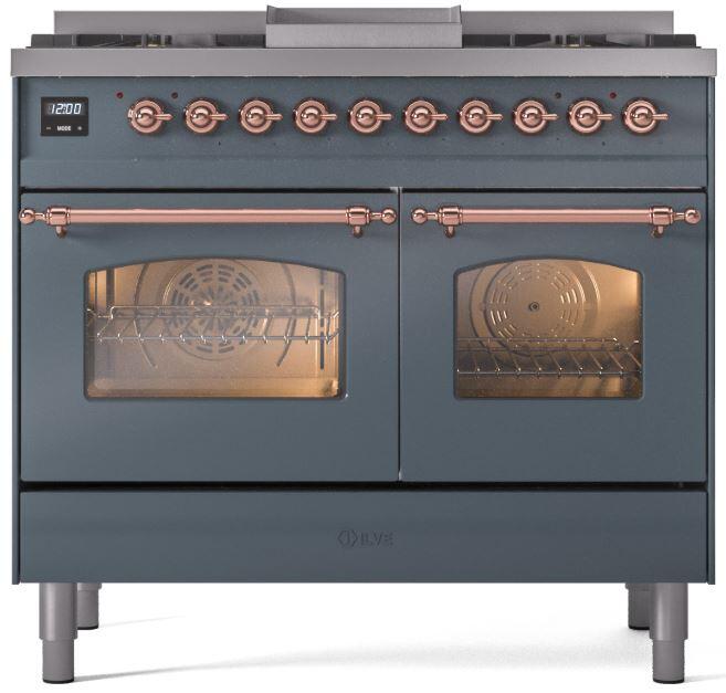 ILVE Nostalgie II 40-Inch Dual Fuel Freestanding Range in Blue Grey with Copper Trim (UPD40FNMPBGP)