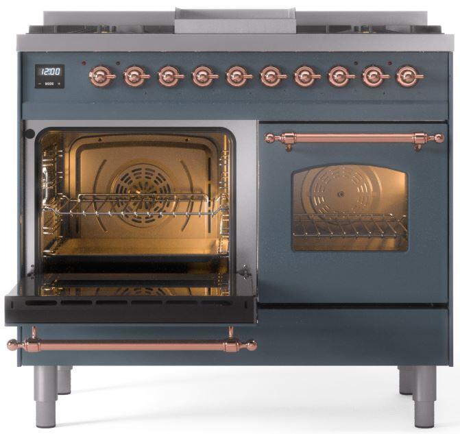 ILVE Nostalgie II 40-Inch Dual Fuel Freestanding Range in Blue Grey with Copper Trim (UPD40FNMPBGP)