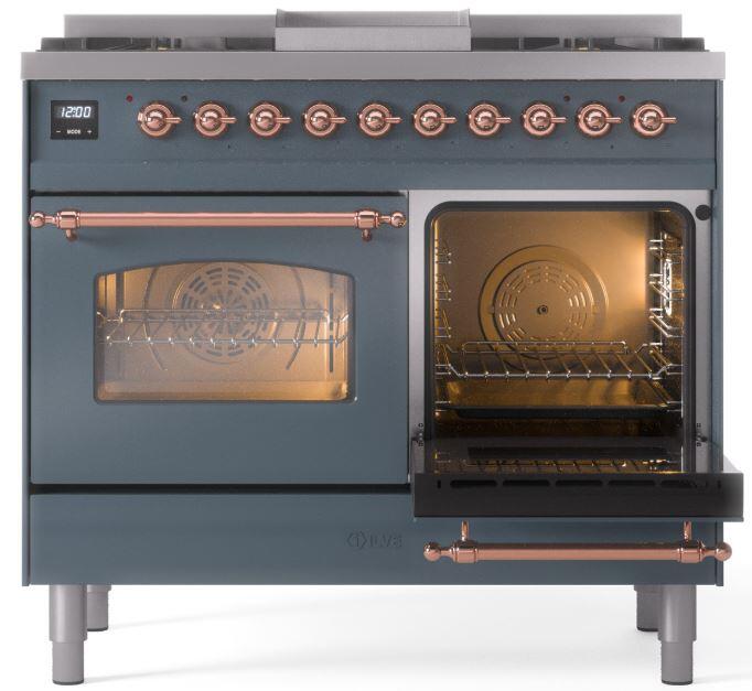 ILVE Nostalgie II 40-Inch Dual Fuel Freestanding Range in Blue Grey with Copper Trim (UPD40FNMPBGP)