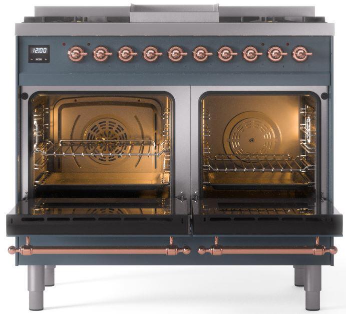 ILVE Nostalgie II 40-Inch Dual Fuel Freestanding Range in Blue Grey with Copper Trim (UPD40FNMPBGP)