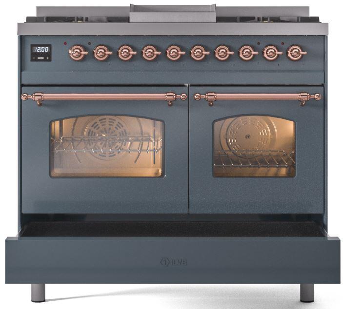 ILVE Nostalgie II 40-Inch Dual Fuel Freestanding Range in Blue Grey with Copper Trim (UPD40FNMPBGP)