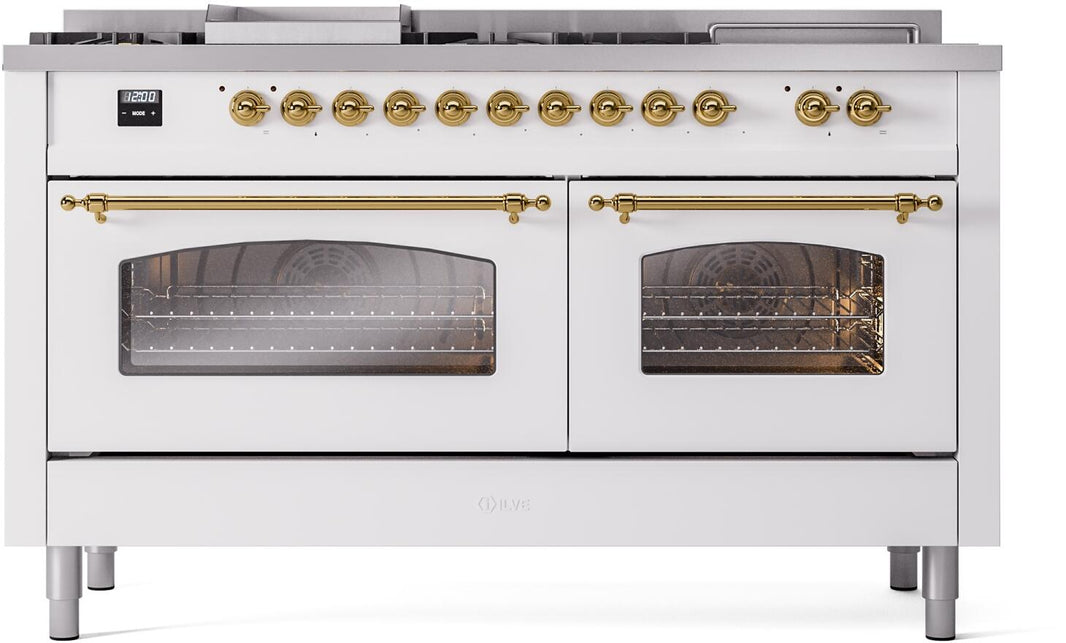 ILVE Nostalgie II 60-Inch Dual Fuel Freestanding Range in White with Brass Trim (UP60FSNMPWHG)