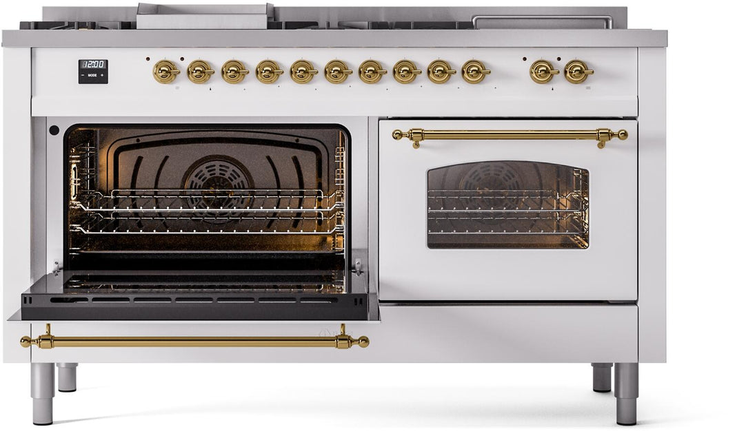 ILVE Nostalgie II 60-Inch Dual Fuel Freestanding Range in White with Brass Trim (UP60FSNMPWHG)