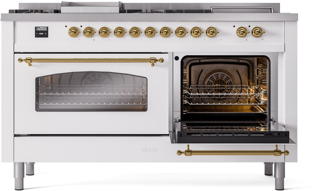 ILVE Nostalgie II 60-Inch Dual Fuel Freestanding Range in White with Brass Trim (UP60FSNMPWHG)