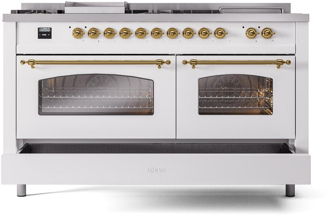 ILVE Nostalgie II 60-Inch Dual Fuel Freestanding Range in White with Brass Trim (UP60FSNMPWHG)