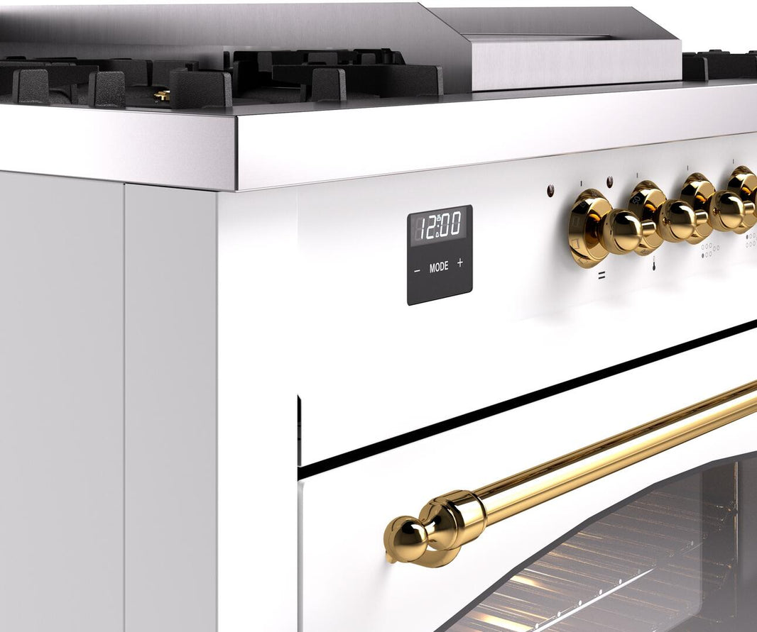 ILVE Nostalgie II 60-Inch Dual Fuel Freestanding Range in White with Brass Trim (UP60FSNMPWHG)