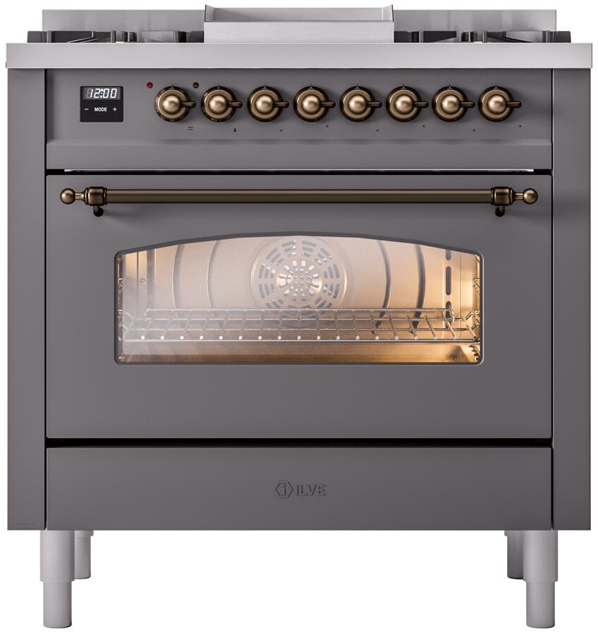 ILVE Nostalgie II 36-Inch Dual Fuel Freestanding Range in Matte Graphite with Bronze Trim (UP36FNMPMGB)