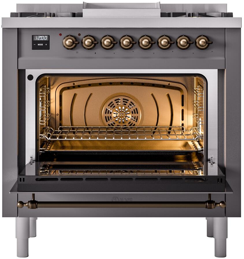 ILVE Nostalgie II 36-Inch Dual Fuel Freestanding Range in Matte Graphite with Bronze Trim (UP36FNMPMGB)