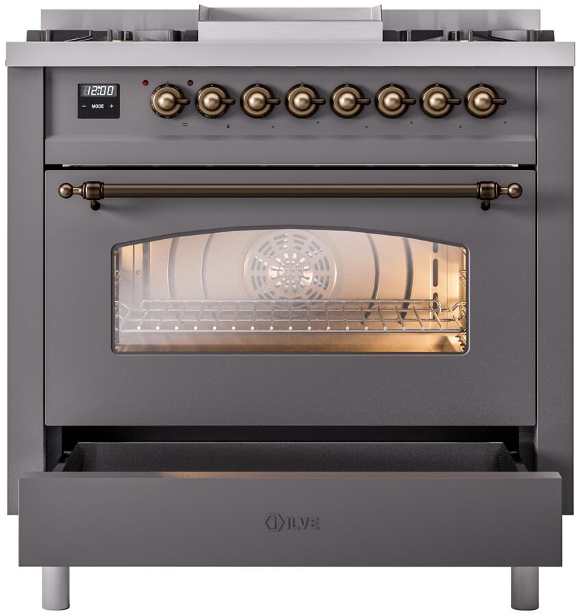 ILVE Nostalgie II 36-Inch Dual Fuel Freestanding Range in Matte Graphite with Bronze Trim (UP36FNMPMGB)