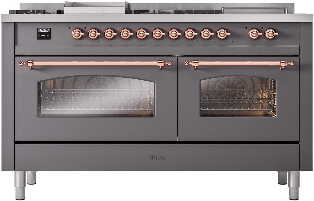 ILVE Nostalgie II 60-Inch Dual Fuel Freestanding Range in Matte Graphite with Copper Trim (UP60FSNMPMGP)