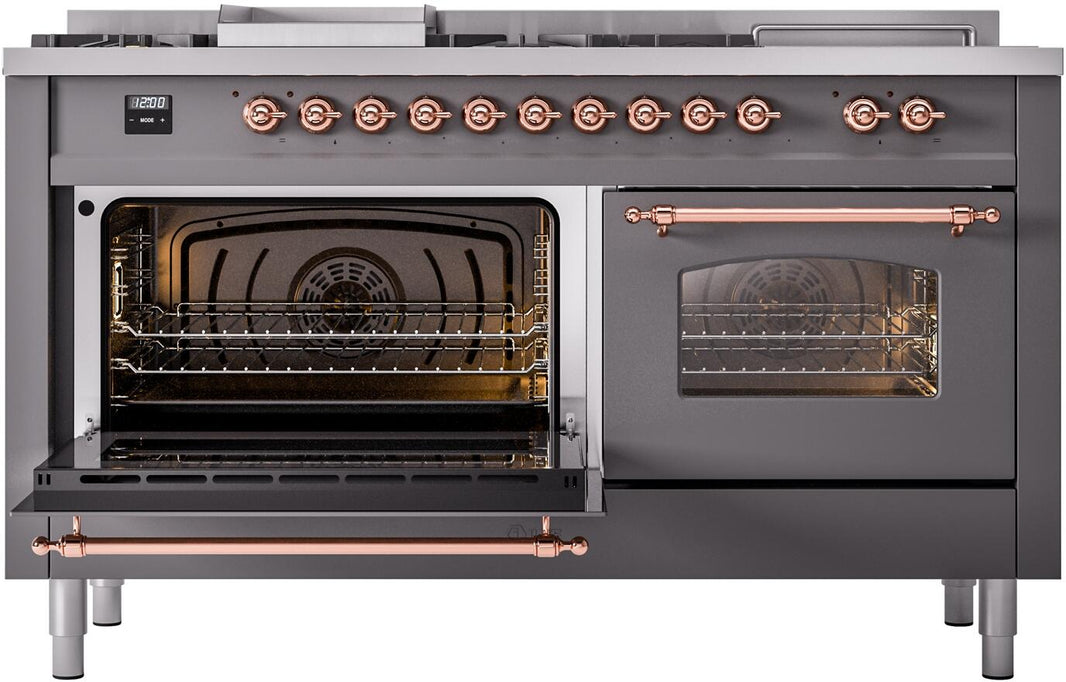 ILVE Nostalgie II 60-Inch Dual Fuel Freestanding Range in Matte Graphite with Copper Trim (UP60FSNMPMGP)