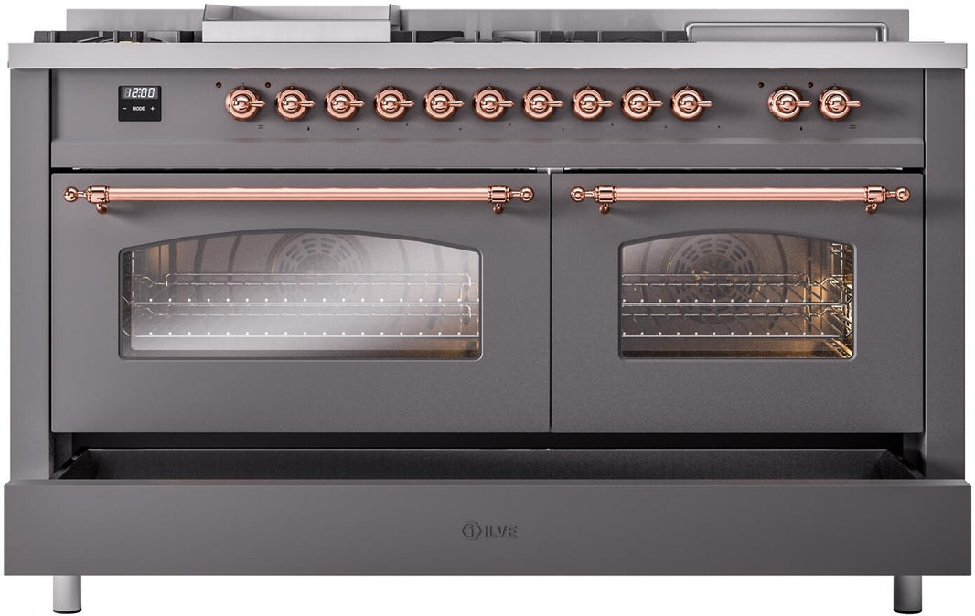 ILVE Nostalgie II 60-Inch Dual Fuel Freestanding Range in Matte Graphite with Copper Trim (UP60FSNMPMGP)