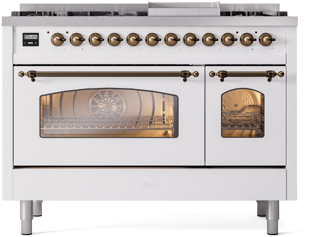 ILVE Nostalgie II 48-Inch Dual Fuel Freestanding Range in White with Bronze Trim (UP48FNMPWHB)