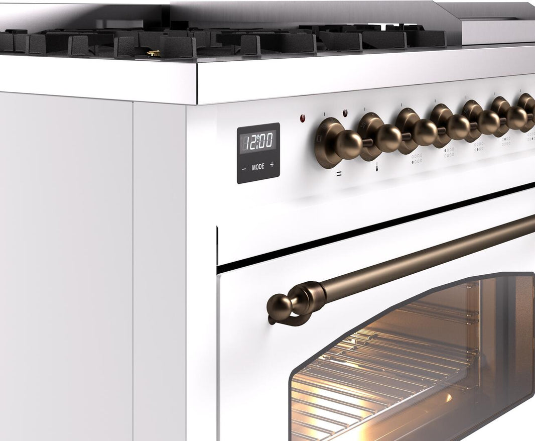 ILVE Nostalgie II 48-Inch Dual Fuel Freestanding Range in White with Bronze Trim (UP48FNMPWHB)