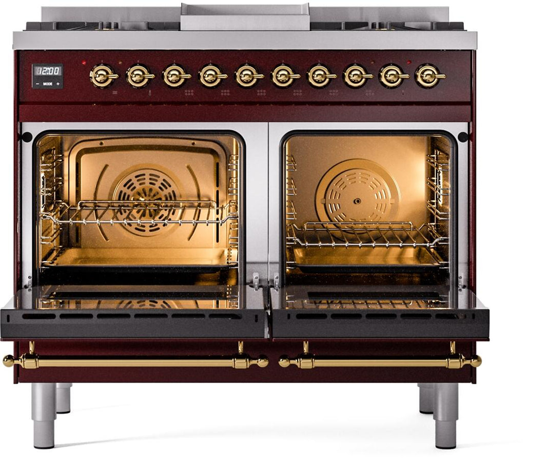 ILVE Nostalgie II 40-Inch Dual Fuel Freestanding Range in Burgundy with Brass Trim (UPD40FNMPBUG)