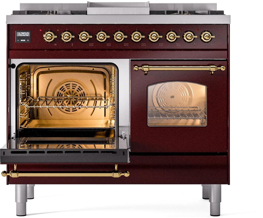 ILVE Nostalgie II 40-Inch Dual Fuel Freestanding Range in Burgundy with Brass Trim (UPD40FNMPBUG)