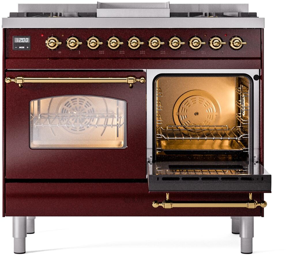 ILVE Nostalgie II 40-Inch Dual Fuel Freestanding Range in Burgundy with Brass Trim (UPD40FNMPBUG)