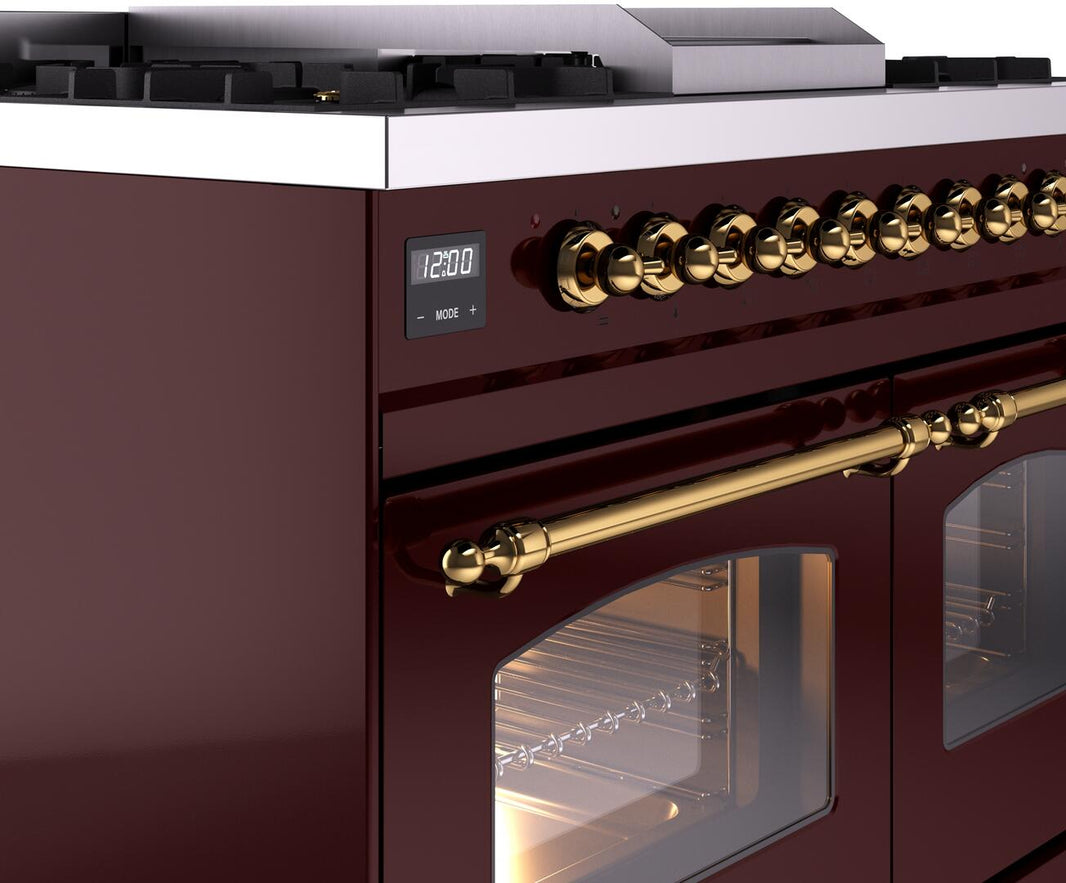 ILVE Nostalgie II 40-Inch Dual Fuel Freestanding Range in Burgundy with Brass Trim (UPD40FNMPBUG)