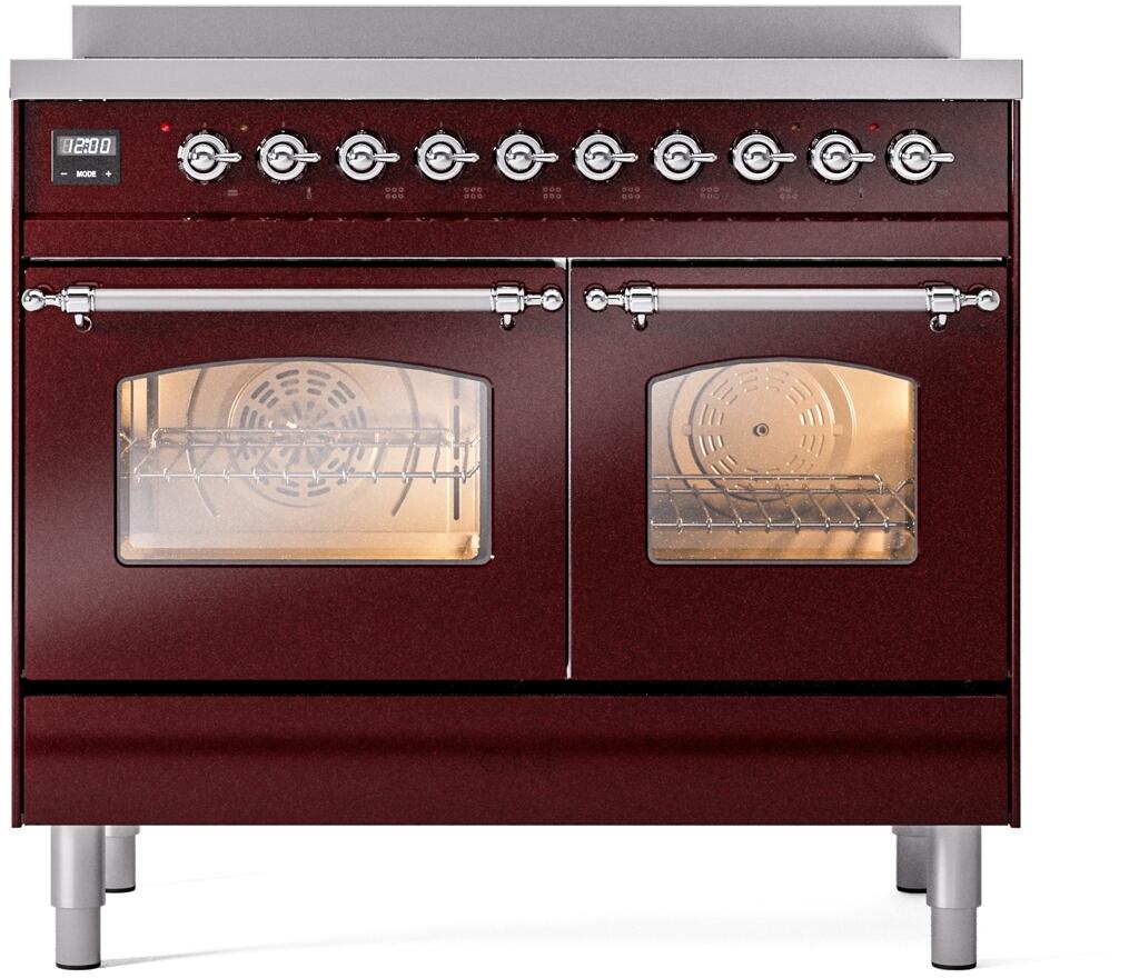 ILVE Nostalgie II 40-Inch Freestanding Electric Induction Range in Burgundy with Chrome Trim (UPDI406NMPBUC)