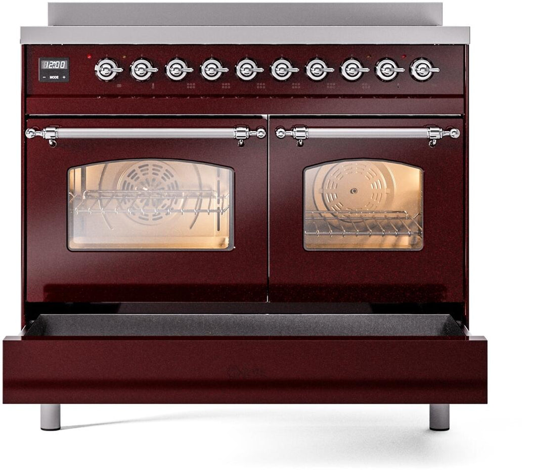 ILVE Nostalgie II 40-Inch Freestanding Electric Induction Range in Burgundy with Chrome Trim (UPDI406NMPBUC)