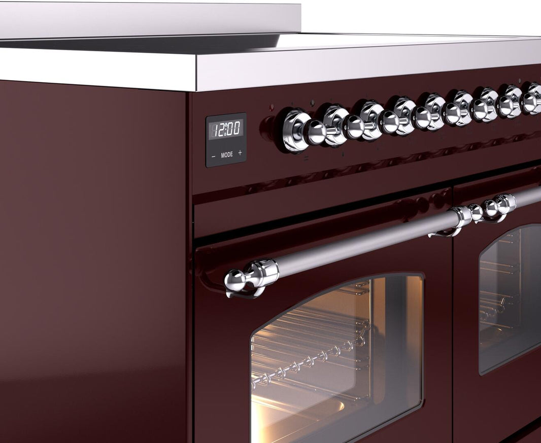 ILVE Nostalgie II 40-Inch Freestanding Electric Induction Range in Burgundy with Chrome Trim (UPDI406NMPBUC)