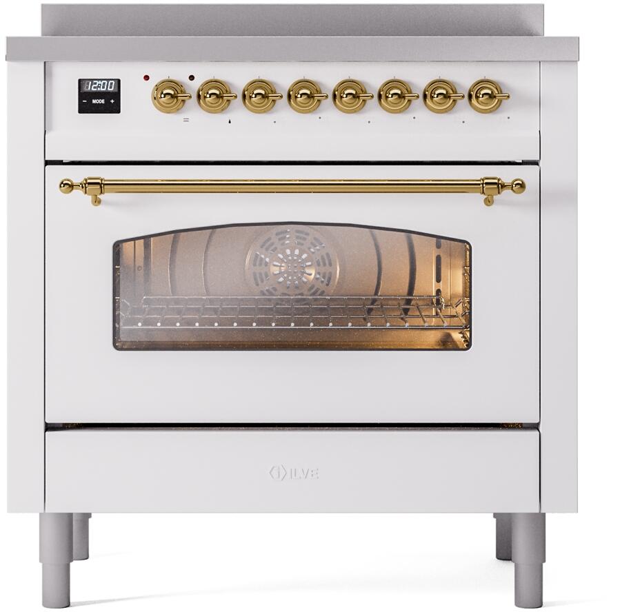 ILVE Nostalgie II 36-Inch Freestanding Electric Induction Range in White with Brass Trim (UPI366NMPWHG)