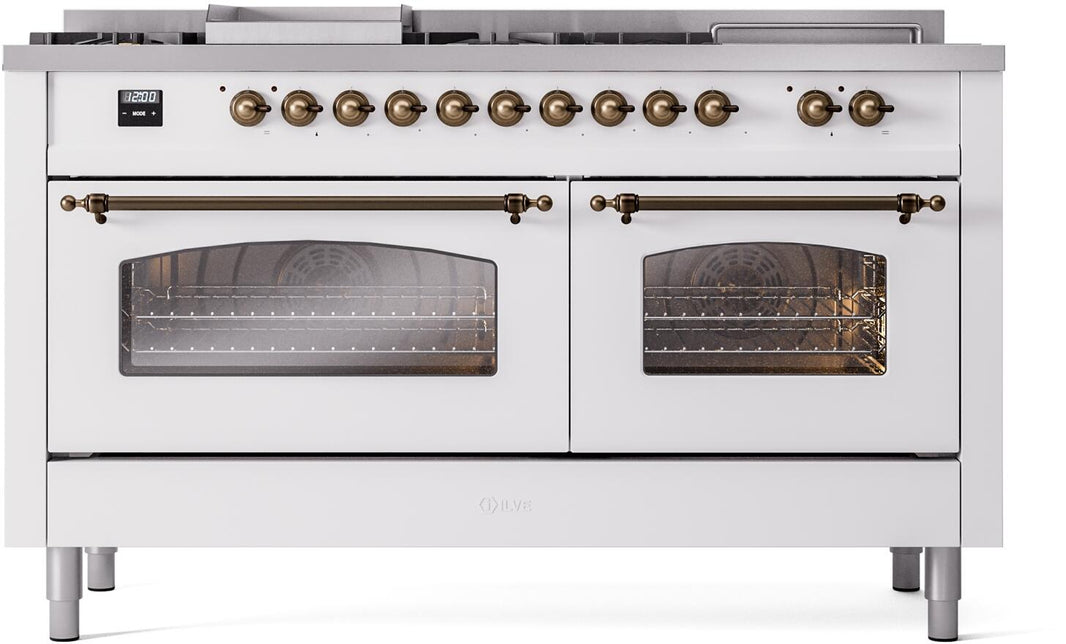 ILVE Nostalgie II 60-Inch Dual Fuel Freestanding Range in White with Bronze Trim (UP60FSNMPWHB)