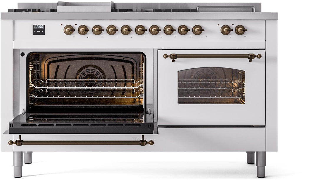 ILVE Nostalgie II 60-Inch Dual Fuel Freestanding Range in White with Bronze Trim (UP60FSNMPWHB)